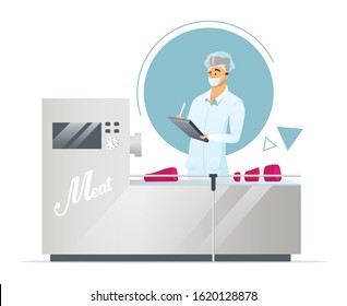 Meat Factory Flat Color Vector Illustration. Production Line Supervisor. Meat Processing. Quality Control. Food Industry. Male Plant Worker. Isolated Cartoon Character On White Background