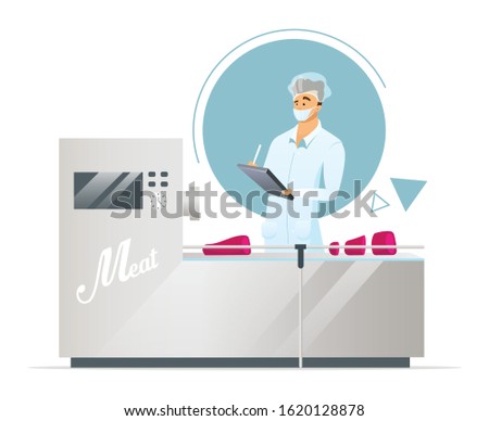 Meat factory flat color vector illustration. Production line supervisor. Meat processing. Quality control. Food industry. Male plant worker. Isolated cartoon character on white background