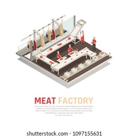 Meat Factory Isometric Composition With Processing Line From Carcass Cutting To Weighing And Filling Boxes Vector Illustration