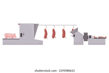 Meat Factory Processing Plant. Flat Composition With Factory Kitchen Equipment. Food Industry Concept Elements. Industrial Equipment To Produce Food For Sale