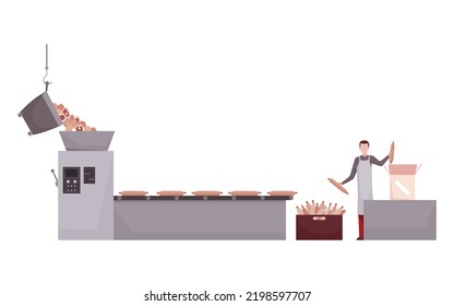 Meat Factory Processing Plant. Flat Composition With Factory Kitchen Equipment. Food Industry Concept Elements. Industrial Equipment To Produce Food For Sale