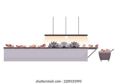 Meat Factory Processing Plant. Flat Composition With Factory Kitchen Equipment. Food Industry Concept Elements. Industrial Equipment To Produce Food For Sale