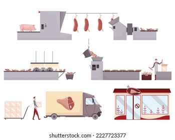 Meat factory processing plant. Flat composition with factory kitchen equipment. Food industry concept elements. Industrial equipment to produce food for sale