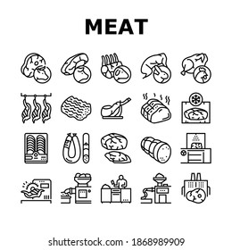 Meat Factory Product Collection Icons Set Vector. Beef And Pork, Chicken And Rabbit Meat, Smoked And Dried Sausage And Ham Manufacturing Black Contour Illustrations
