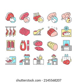 Meat Factory Product Collection Icons Set Vector. Beef And Pork, Chicken And Rabbit Meat, Smoked And Dried Sausage And Ham Manufacturing Concept Linear Pictograms. Contour Illustrations