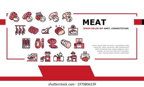 Meat Factory Product Landing Web Page Header Banner Template Vector. Beef And Pork, Chicken And Rabbit Meat, Smoked And Dried Sausage And Ham Manufacturing Illustration