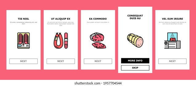 Meat Factory Product Onboarding Mobile App Page Screen Vector. Beef And Pork, Chicken And Rabbit Meat, Smoked And Dried Sausage And Ham Manufacturing Illustrations