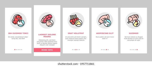 Meat Factory Product Onboarding Mobile App Page Screen Vector. Beef And Pork, Chicken And Rabbit Meat, Smoked And Dried Sausage And Ham Manufacturing Illustrations