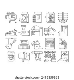 Meat Factory Production Equipment Icons Set Vector. Smoking And Baking Chamber For Preparing Meat, Grinder And Carcass Conveyor Plant Tool, Circula And Band Saws Black Contour Illustrations