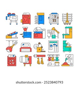Meat Factory Production Equipment Icons Set Vector. Smoking And Baking Chamber For Preparing Meat, Grinder And Carcass Conveyor Plant Tool, Circula And Band Saws color Contour Illustrations