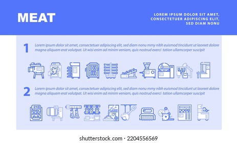 Meat Factory Production Equipment landing web page header vector. Smoking And Baking Chamber For Preparing Meat, Grinder And Carcass Conveyor Plant Tool, Circula And Band Saws Color Illustrations