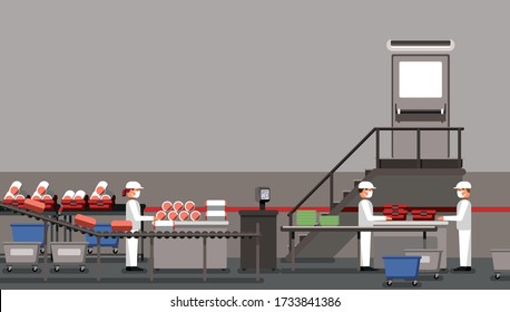 Meat factory with workers, industrial equipment, interior of the factory, social distancing, food industry vector illustration