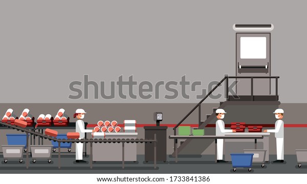 Meat factory with workers, industrial\
equipment, interior of the factory, social distancing, food\
industry vector\
illustration