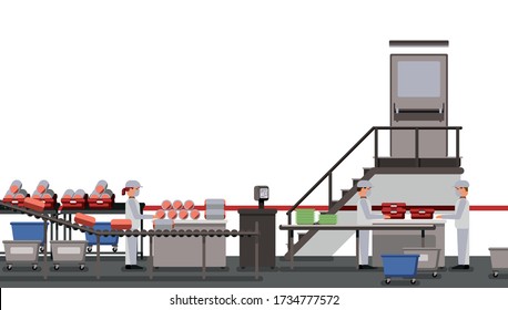 Meat factory with workers on white background, industrial equipment, interior of the factory, social distancing, food industry vector illustration
