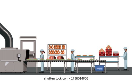 Meat Factory With Workers On White Background, Industrial Equipment, Interior Of The Factory, Social Distancing, Food Industry Vector Illustration