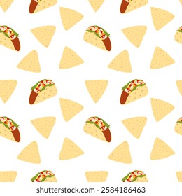 Meat filled Taco and Triangular Nacho Seamless Pattern. Traditional Mexican Food background concept