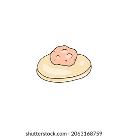 Meat filling lies on circle of raw dough for making dumplings in sketch vector illustration isolated on white. Process of making national russian dish pelmeni or Ukrainian vareniki, Japanese gyoza