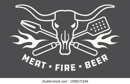 Meat, Fire, Beer Barbecue Badge or Logo with cow skull and crossed utensils.
Contemporary, modern flat design outline style.