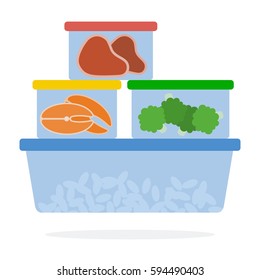 Carne, peixe, brócolis e feijão em recipientes plásticos para armazenamento refrigerado projeto de material plano vetorial isolado em branco