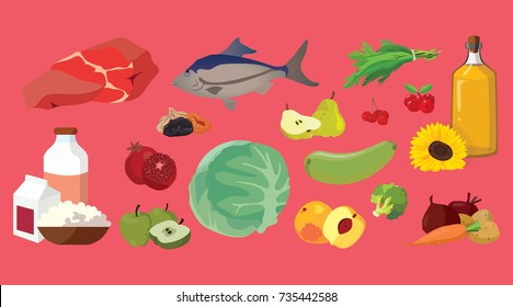 Meat, fish, butter, fruits, vegetables, dairy products - useful products. For your convenience, each significant element is in a separate layer. Eps 10