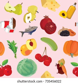 Meat, fish, butter, fruits, vegetables, dairy products - useful products. For your convenience, each significant element is in a separate layer. Eps 10