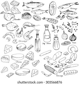 Meat, Fish And Cheese, Vector Food Set, Ink Drawing  Elements