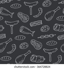 Meat and fish contour vector food seamless pattern; doodle background