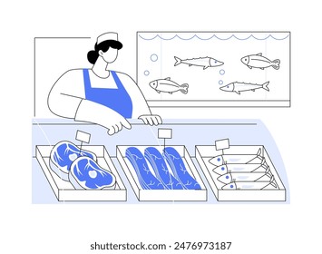 Meat and fish department isolated cartoon vector illustrations. Woman selling meat and fish in grocery store, huge specialty food assortment, delicious meal, supermarket worker vector cartoon.