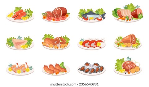 Meat fish dish plate cook menu isolated set. Vector flat graphic design illustration