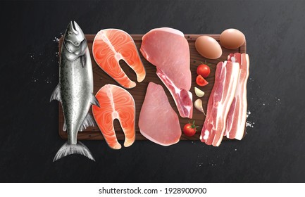 Meat fish eggs realistic composition with top view of wooden cutting board with meal ingredients images vector illustration