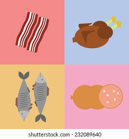 Meat  and fish food flat vector set with ham, chicken, fish and sausage. EPS 10