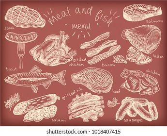 Meat, fish, menu, steak, trout, salami, ribs, grilled ribs, grilled chicken, sausage, chicken, beef, bacon, ham, salmon, salmon steak, herbs