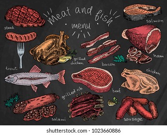 Meat and fish menu. Steak, trout, salami, ribs, grilled ribs, grilled chicken, sausage, chicken, beef, bacon, ham, salmon, salmon steak, herbs