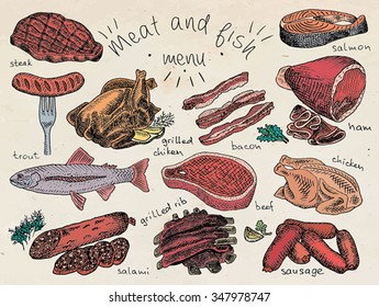 Meat and fish menu, steak, trout, salami, ribs, grilled ribs, grilled chicken, sausage, chiken, beef, bacon, ham, salmon, salmon steak, herbs