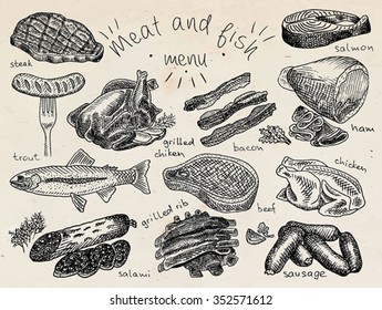 Meat and fish menu, steak, trout, salami, ribs, grilled ribs, grilled chicken, sausage, chiken, beef, bacon, ham, salmon, salmon steak, herbs