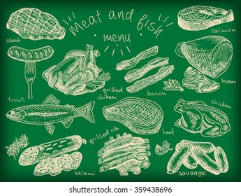 Meat and fish menu, steak, trout, salami, ribs, grilled ribs, grilled chicken, sausage, chicken, beef, bacon, ham, salmon, salmon steak, herbs