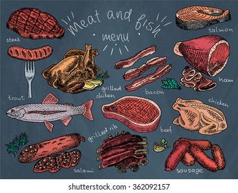 Meat and fish menu, steak, trout, salami, ribs, grilled ribs, grilled chicken, sausage, chicken, beef, bacon, ham, salmon, salmon steak, herbs