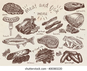 Meat, fish, menu, steak, trout, salami, ribs, grilled ribs, grilled chicken, sausage, chicken, beef, bacon, ham, salmon, salmon steak, herbs