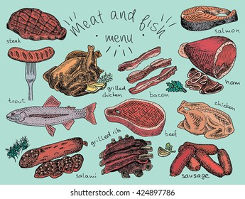Meat, fish, menu, steak, trout, salami, ribs, grilled ribs, grilled chicken, sausage, chicken, beef, bacon, ham, salmon, salmon steak, herbs