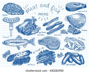 Meat, fish, menu, steak, trout, salami, ribs, grilled ribs, grilled chicken, sausage, chicken, beef, bacon, ham, salmon, salmon steak, herbs