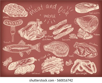 Meat, fish, menu, steak, trout, salami, ribs, grilled ribs, grilled chicken, sausage, chicken, beef, bacon, ham, salmon, salmon steak, herbs