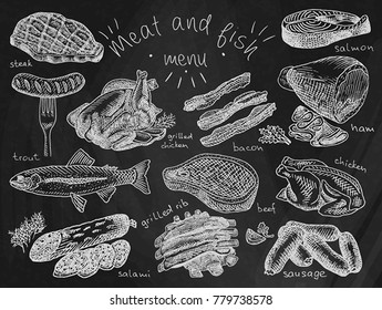 Meat, fish, menu, steak, trout, salami, ribs, grilled ribs, grilled chicken, sausage, chicken, beef, bacon, ham, salmon, salmon steak, herbs