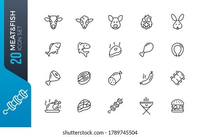 Meat and fish - minimal thin line web icon set. Outline icons collection. Simple vector illustration.