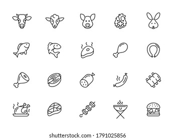 Meat and fish - minimal thin line web icon set. Outline icons collection. Simple vector illustration.