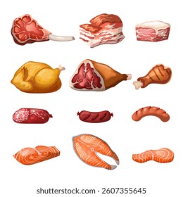Meat fish pork chicken set. Hand drawn illustration. Isolate on white background, clip art, vector.