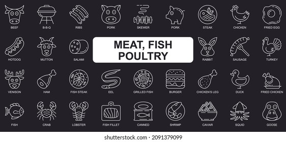 Meat, fish and poultry concept simple line icons set. Bundle of beef, bbq, pork, chicken, hot dog, sausage, burger, shrimp, crab and other. Vector pack outline symbols for website or mobile app design