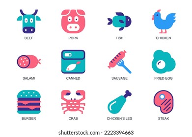 Meat, Fish and Poultry concept of web icons set in simple flat design. Pack of beef, pork, chicken, salami, canned food, sausage, fried egg, burger, crab and other. Vector pictograms for mobile app