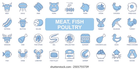Meat, fish and poultry icons set in duotone outline stroke design for web. Pack pictograms of beef, bbq, pork, skewer, steak, chicken, hot dog, salami, rabbit, sausage, other. Vector illustration.