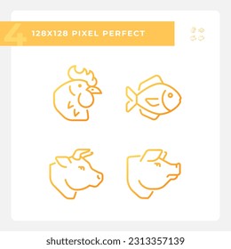 Meat and fish products pixel perfect gradient linear vector icons set. Protein source. Food group. Farm animals. Thin line contour symbol designs bundle. Isolated outline illustrations collection