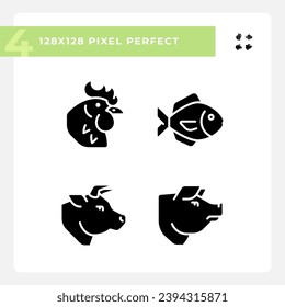 Meat and fish products pixel perfect black glyph icons set on white space. Protein source. Food group. Farm animals. Silhouette symbols. Solid pictogram pack. Vector isolated illustration